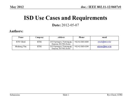Doc.: IEEE 802.11-12/0607r0 SubmissionRye Cheol, ETRISlide 1 ISD Use Cases and Requirements Date: 2012-05-07 Authors: May 2012.