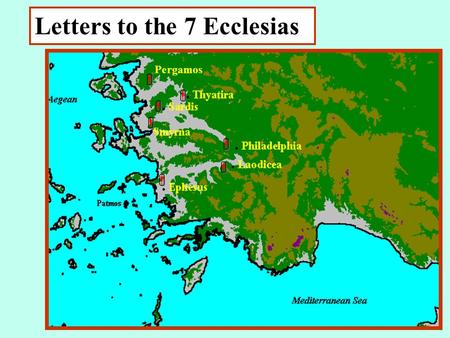 Letters to the 7 Ecclesias Pergamos. “these things saith he that ….” Ephesus - walks in the midst of the seven golden lampstands - Ch.1:12 & 20 Smyrna.