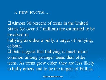 stop harassment now 1 A few facts….  Almost 30 percent of teens in the United States (or over 5.7 million) are estimated to be involved in bullying as.