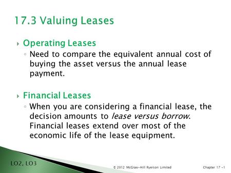 © 2012 McGraw-Hill Ryerson LimitedChapter 17 -1  Operating Leases ◦ Need to compare the equivalent annual cost of buying the asset versus the annual lease.