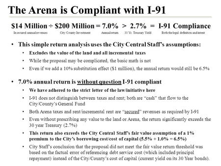 The Arena is Compliant with I-91 $14 Million ÷ $200 Million = 7.0% > 2.7% = I-91 Compliance In secured annual revenues City/County Investment Annual return.
