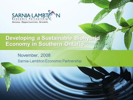 Developing a Sustainable Biohybrid Economy in Southern Ontario November, 2008 Sarnia-Lambton Economic Partnership.