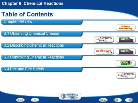 Chapter 6 Chemical Reactions Table of Contents Chapter Preview 6.1 Observing Chemical Change 6.2 Describing Chemical Reactions 6.3 Controlling Chemical.