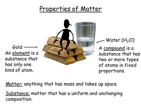 Properties of Matter Matter: anything that has mass and takes up space Substance: matter that has a uniform and unchanging composition. An element is.