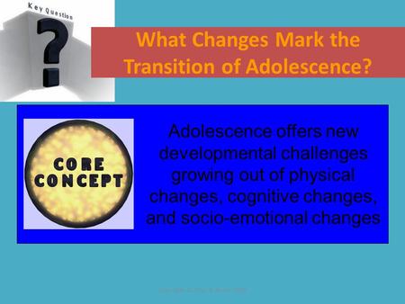 Copyright © Allyn & Bacon 2007 What Changes Mark the Transition of Adolescence? Adolescence offers new developmental challenges growing out of physical.