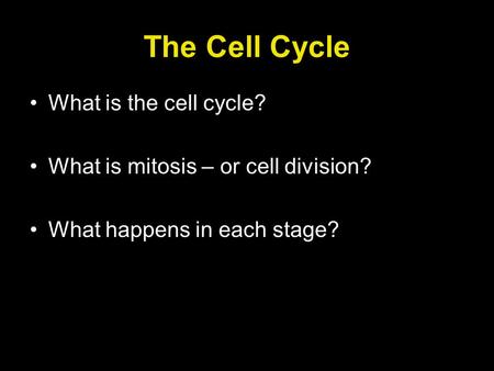 The Cell Cycle What is the cell cycle? What is mitosis – or cell division? What happens in each stage?