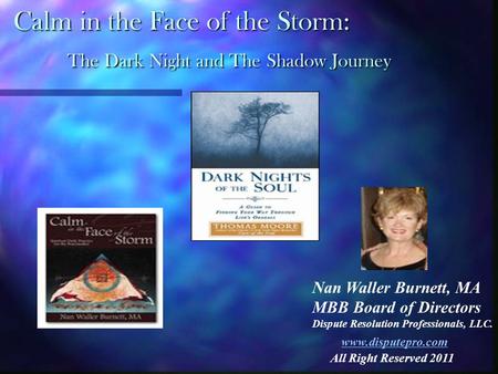Calm in the Face of the Storm: The Dark Night and The Shadow Journey Calm in the Face of the Storm: The Dark Night and The Shadow Journey Nan Waller Burnett,