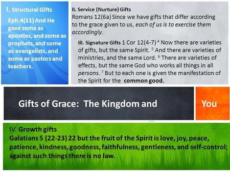 What’s Your Message? Gifts of Grace: The Kingdom and You I. Structural Gifts Eph.4(11) And He gave some as apostles, and some as prophets, and some as.