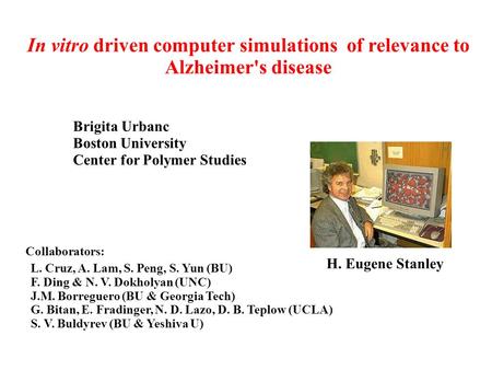 In vitro driven computer simulations of relevance to Alzheimer's disease Brigita Urbanc Boston University Center for Polymer Studies Collaborators: L.