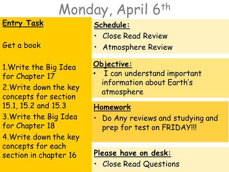 Monday, April 6 th Entry Task Get a book 1.Write the Big Idea for Chapter 17 2.Write down the key concepts for section 15.1, 15.2 and 15.3 3.Write the.