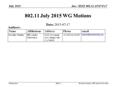 Doc.: IEEE 802.11-15/0747r7 Submission July 2015 802.11 July 2015 WG Motions Date: 2015-07-17 Authors: Dorothy Stanley, HP-Aruba NetworksSlide 1.