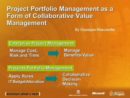 Project Portfolio Management as a Form of Collaborative Value Management Apply Rules IT Budget Allocation Collaborative Decision Making Manage Cost, Risk.