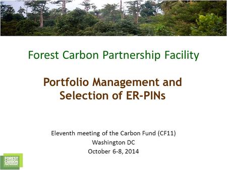 Forest Carbon Partnership Facility Portfolio Management and Selection of ER-PINs Eleventh meeting of the Carbon Fund (CF11) Washington DC October 6-8,