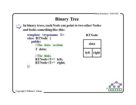 Data Structures - CSCI 102 Binary Tree In binary trees, each Node can point to two other Nodes and looks something like this: template class BTNode { public: