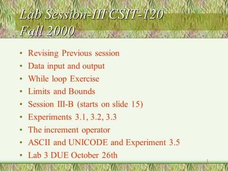 1 Lab Session-III CSIT-120 Fall 2000 Revising Previous session Data input and output While loop Exercise Limits and Bounds Session III-B (starts on slide.