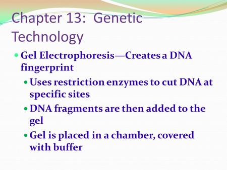 Chapter 13: Genetic Technology Gel Electrophoresis—Creates a DNA fingerprint Uses restriction enzymes to cut DNA at specific sites DNA fragments are then.