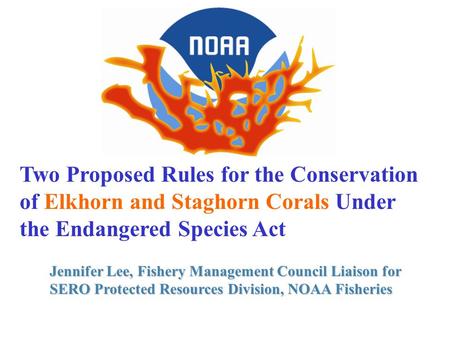 Two Proposed Rules for the Conservation of Elkhorn and Staghorn Corals Under the Endangered Species Act Jennifer Lee, Fishery Management Council Liaison.