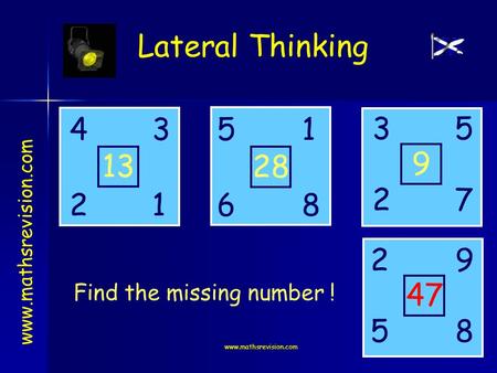 Www.mathsrevision.com Lateral Thinking www.mathsrevision.com 4531 2618 3 2 5 9 2 5 7 8 13 28 9 47 Find the missing number !