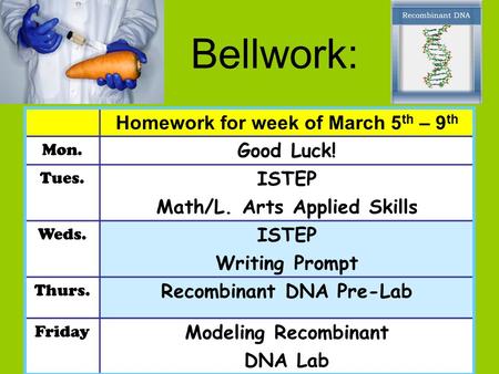 Bellwork: Homework for week of March 5 th – 9 th Mon. Good Luck! Tues. ISTEP Math/L. Arts Applied Skills Weds. ISTEP Writing Prompt Thurs. Recombinant.