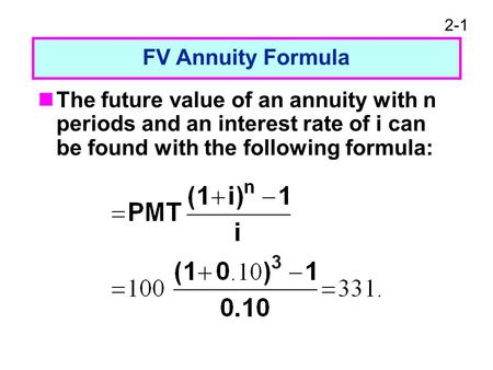 2-1 FV Annuity Formula The future value of an annuity with n periods and an interest rate of i can be found with the following formula: