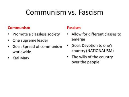 Communism vs. Fascism Communism Fascism Promote a classless society