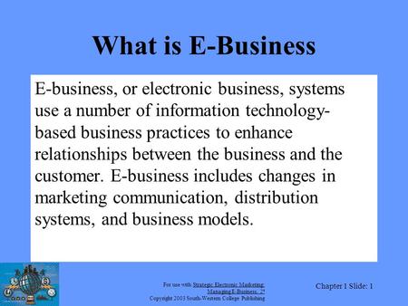 For use with Strategic Electronic Marketing: Managing E-Business, 2 e Copyright 2003 South-Western College Publishing Chapter 1 Slide: 1 What is E-Business.