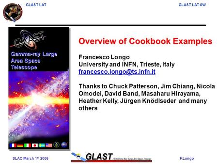 SLAC March 1 st 2006 GLAST LAT Software F.Longo GLAST LAT GLAST LAT SW Overview of Cookbook Examples Francesco Longo University and INFN, Trieste, Italy.