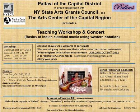 Presents a Admission Free for All. Donations welcome Make checks payable to “Pallavi” (Memo: “Workshop”) and mail it to Pallavi of Capital District, P.O.Box.