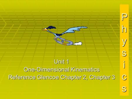 PhysicsPhysicsPhysicsPhysics Unit 1 One-Dimensional Kinematics Reference Glencoe Chapter 2, Chapter 3.