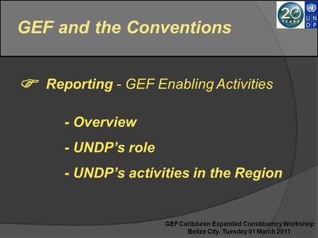 GEF and the Conventions  Reporting - GEF Enabling Activities - Overview - UNDP’s role - UNDP’s activities in the Region GEF Caribbean Expanded Constituency.