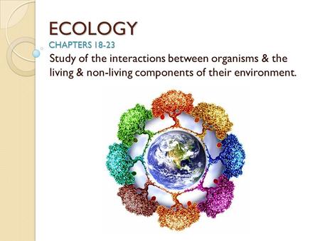 ECOLOGY CHAPTERS 18-23 Study of the interactions between organisms & the living & non-living components of their environment.