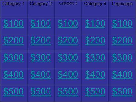 ` Category 1Category 2 Category 3 Category 4Lagniappe $100 $200 $300 $400 $500.