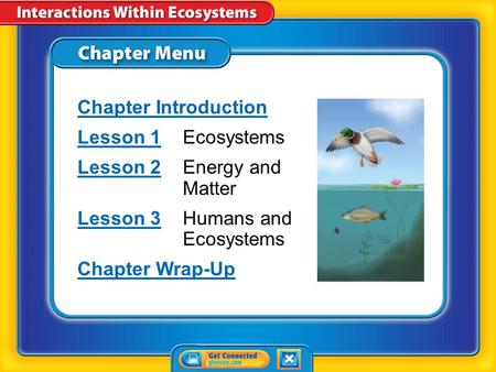 Chapter Menu Chapter Introduction Lesson 1Lesson 1Ecosystems Lesson 2Lesson 2Energy and Matter Lesson 3Lesson 3Humans and Ecosystems Chapter Wrap-Up.