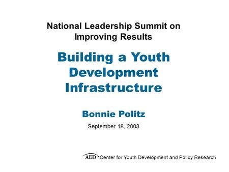 Center for Youth Development and Policy Research National Leadership Summit on Improving Results Building a Youth Development Infrastructure Bonnie Politz.