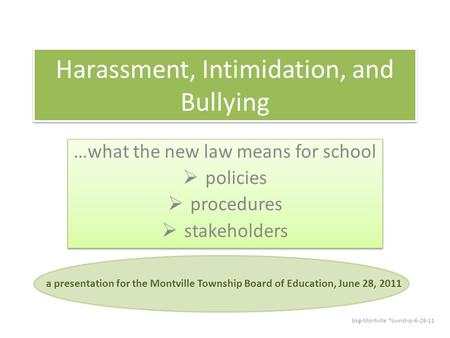 Harassment, Intimidation, and Bullying …what the new law means for school  policies  procedures  stakeholders …what the new law means for school  policies.