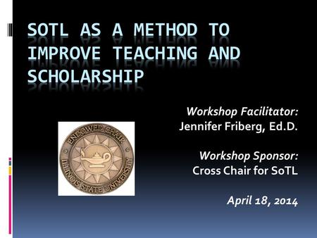 Workshop Facilitator: Jennifer Friberg, Ed.D. Workshop Sponsor: Cross Chair for SoTL April 18, 2014.
