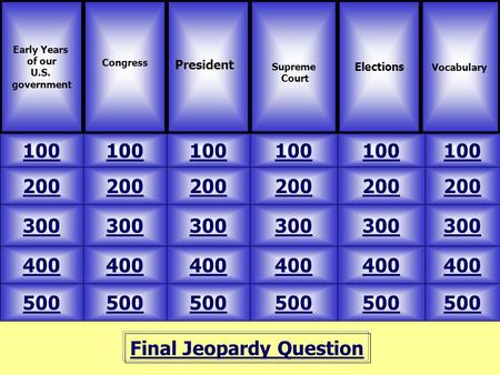Final Jeopardy Question Early Years of our U.S. government Congress 100 VocabularySupreme Court Elections 500 400 300 200 100 200 300 400 500 400 300 200.