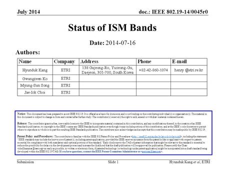 Doc.: IEEE 802.19-14/0045r0 Submission July 2014 Hyunduk Kang et al, ETRISlide 1 Status of ISM Bands Notice: This document has been prepared to assist.