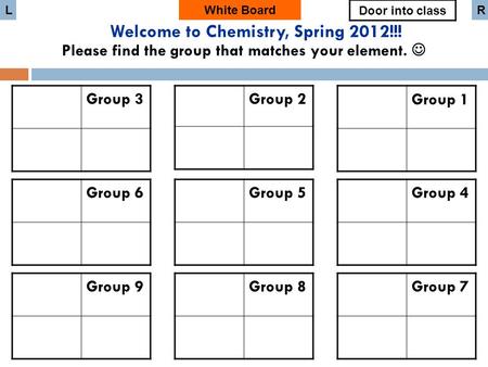 Group 3 White Board Group 6 Group 9 Group 2 Group 5 Group 8 Group 1 Group 4 Group 7 Door into class LR Welcome to Chemistry, Spring 2012!!! Please find.