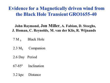 Evidence for a Magnetically driven wind from the Black Hole Transient GRO1655-40 John Raymond, Jon Miller, A. Fabian, D. Steeghs, J. Homan, C. Reynolds,