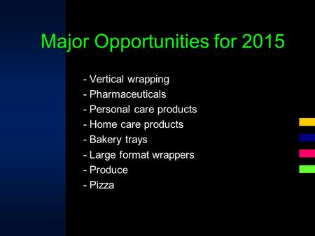 - Vertical wrapping - Pharmaceuticals - Personal care products - Home care products - Bakery trays - Large format wrappers - Produce - Pizza Major Opportunities.