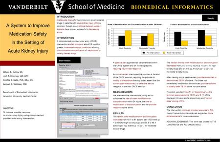 © VANDERBILT UNIVERSITY 2009 B I O M E D I C A L I N F O R M A T I C S A System to Improve Medication Safety in the Setting of Acute Kidney Injury Intervention.