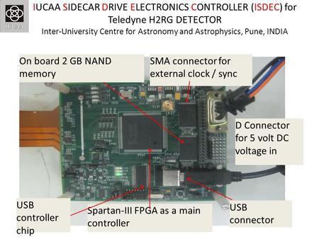 USB controller chip USB connector Spartan-III FPGA as a main controller D Connector for 5 volt DC voltage in SMA connector for external clock / sync On.
