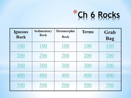 Igneous Rock Sedimentary Rock Metamorphic Rock Terms Grab Bag 100 200 300 400 500.