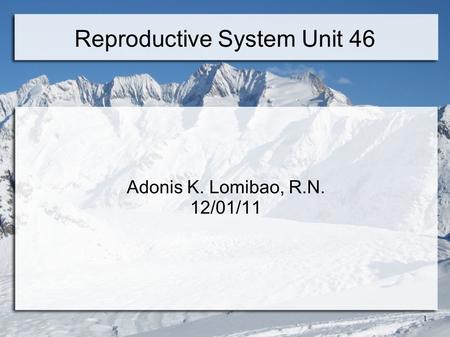 1 Reproductive System Unit 46 Adonis K. Lomibao, R.N. 12/01/11.