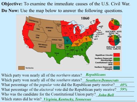 Objective: To examine the immediate causes of the U.S. Civil War. Do Now: Use the map below to answer the following questions. Which party won nearly all.