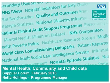 Mental Health, Community and Child data Supplier Forum, February 2013 Netta Hollings – Programme Manager.