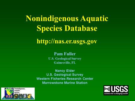 Pam Fuller U.S. Geological Survey Gainesville, FL Nancy Elder U.S. Geological Survey Western Fisheries Research Center Marrowstone Marine Station Nonindigenous.