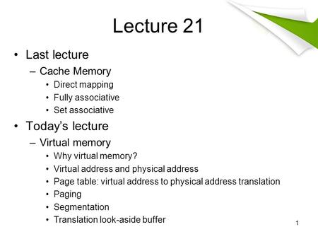Lecture 21 Last lecture Today’s lecture Cache Memory Virtual memory