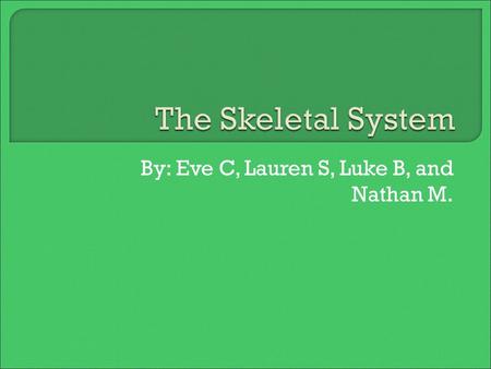 By: Eve C, Lauren S, Luke B, and Nathan M..  The main job of the skeletal system is to provide support or strength for our bodies. Without your skeleton.